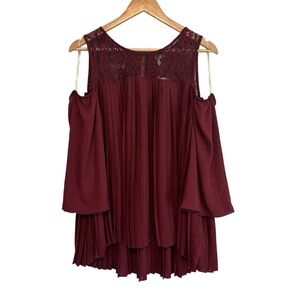 New Women's 14/16W Burgundy Lace Relaxed Cold Shoulder PLUS Curvy Stretch Blouse